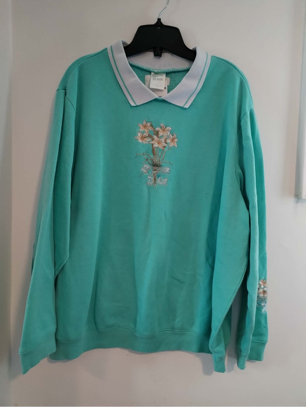 Womens Vintage Blair Teal Collard Crewneck Sweater with Floral Embroidery - XL